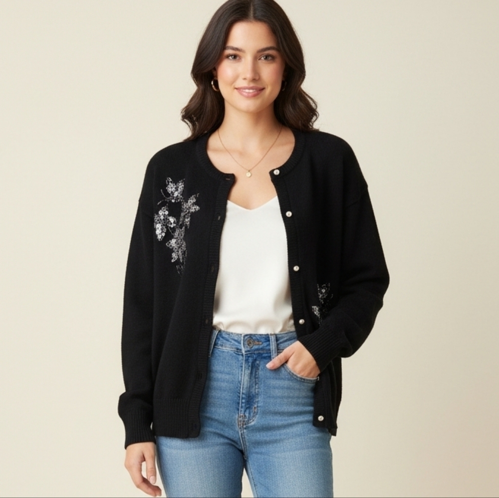 Vintage Black Beaded Cardigan M/L Embellished Floral Sequins Whimsy